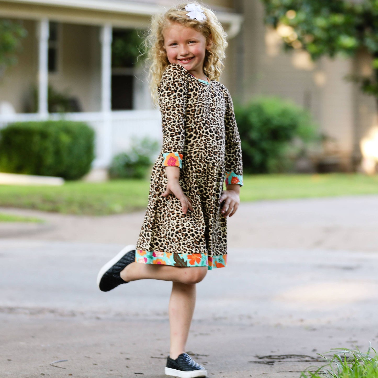 Big Girls 9/10 Leopard Rose Floral Swing Dress Kids Clothing