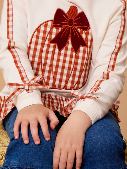 Girls Pumpkin Bow Ivory Applique Ruffle Bow Sweatshirt