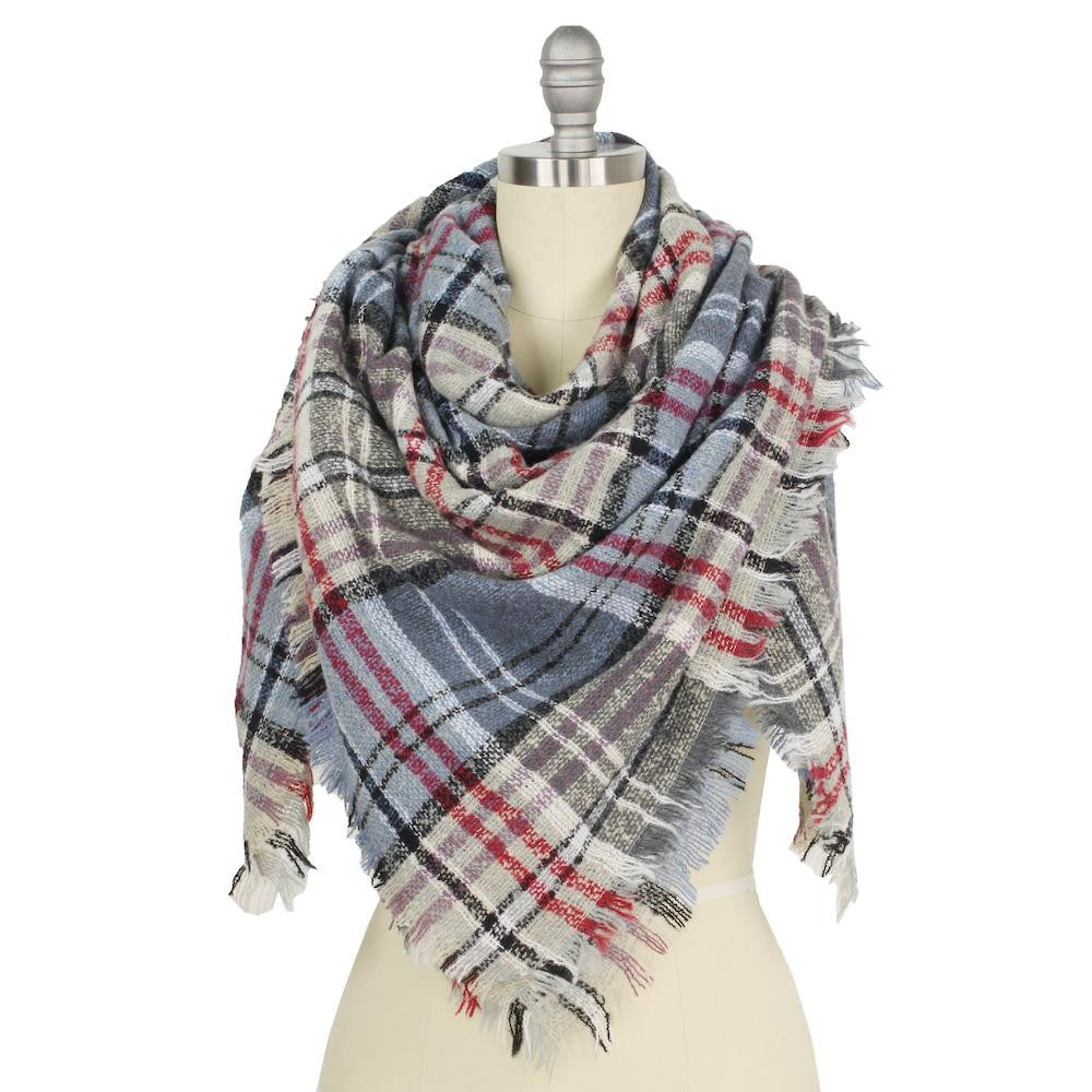 Plaid Square Blanket Scarf Featuring Frayed Trim