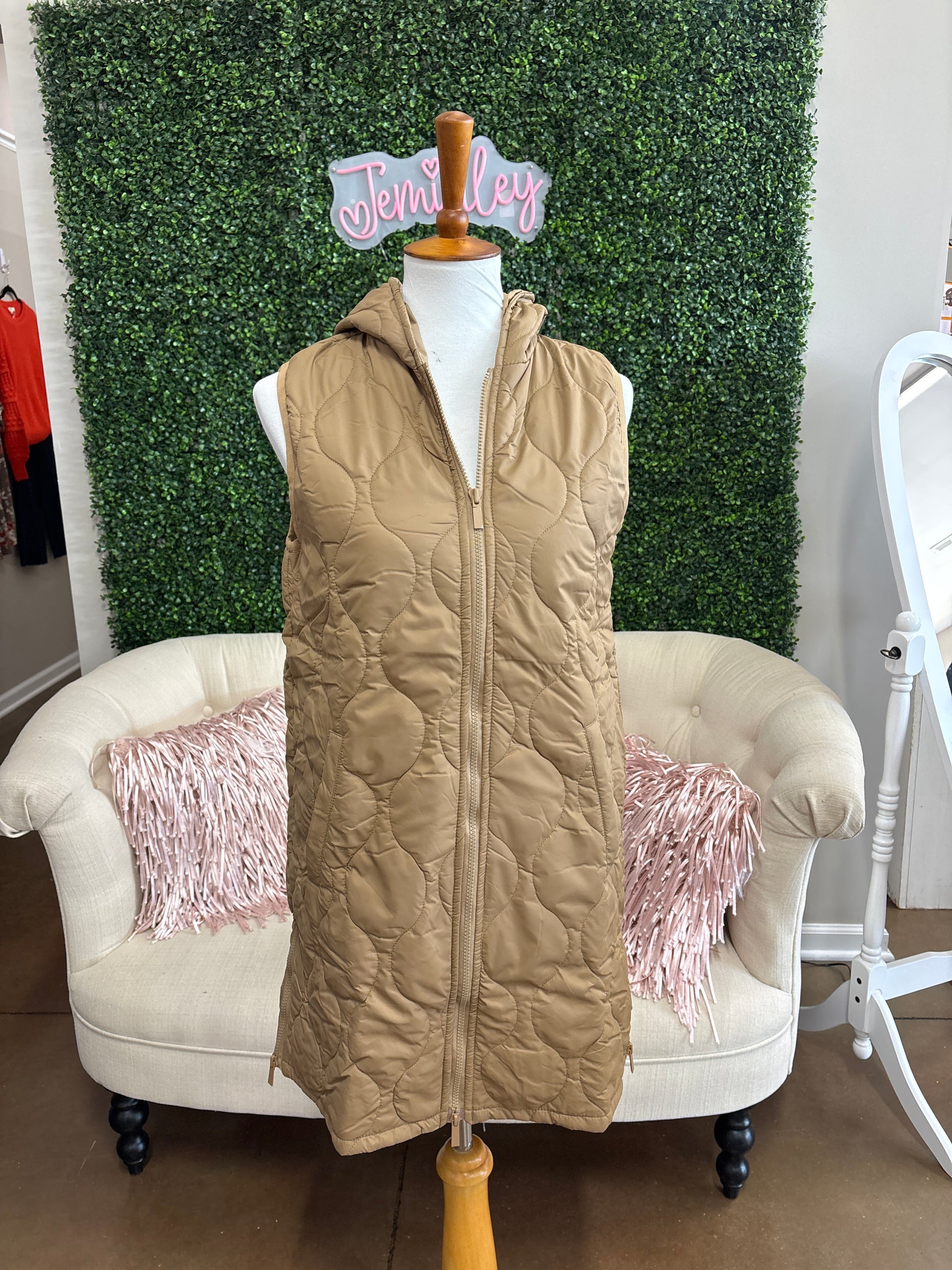 Keren Hart Long Taupe Vest layered over a fall outfit with jeans, perfect for modest church outfits for fall, Thanksgiving outfit ideas, pumpkin patch outfits, and fall family photos.