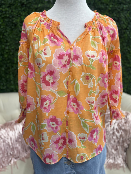 Keren Hart Orange Floral V-neck Blouse with Buttons