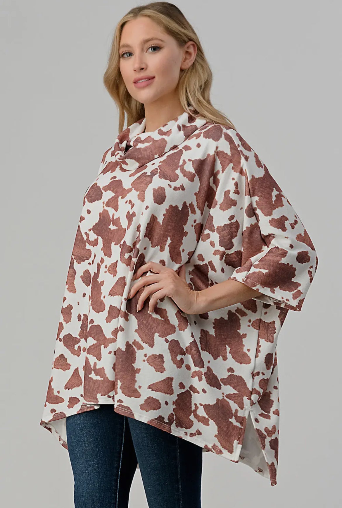 Short Sleeve Oversized Cowl Neck Poncho Sweater Cow Print