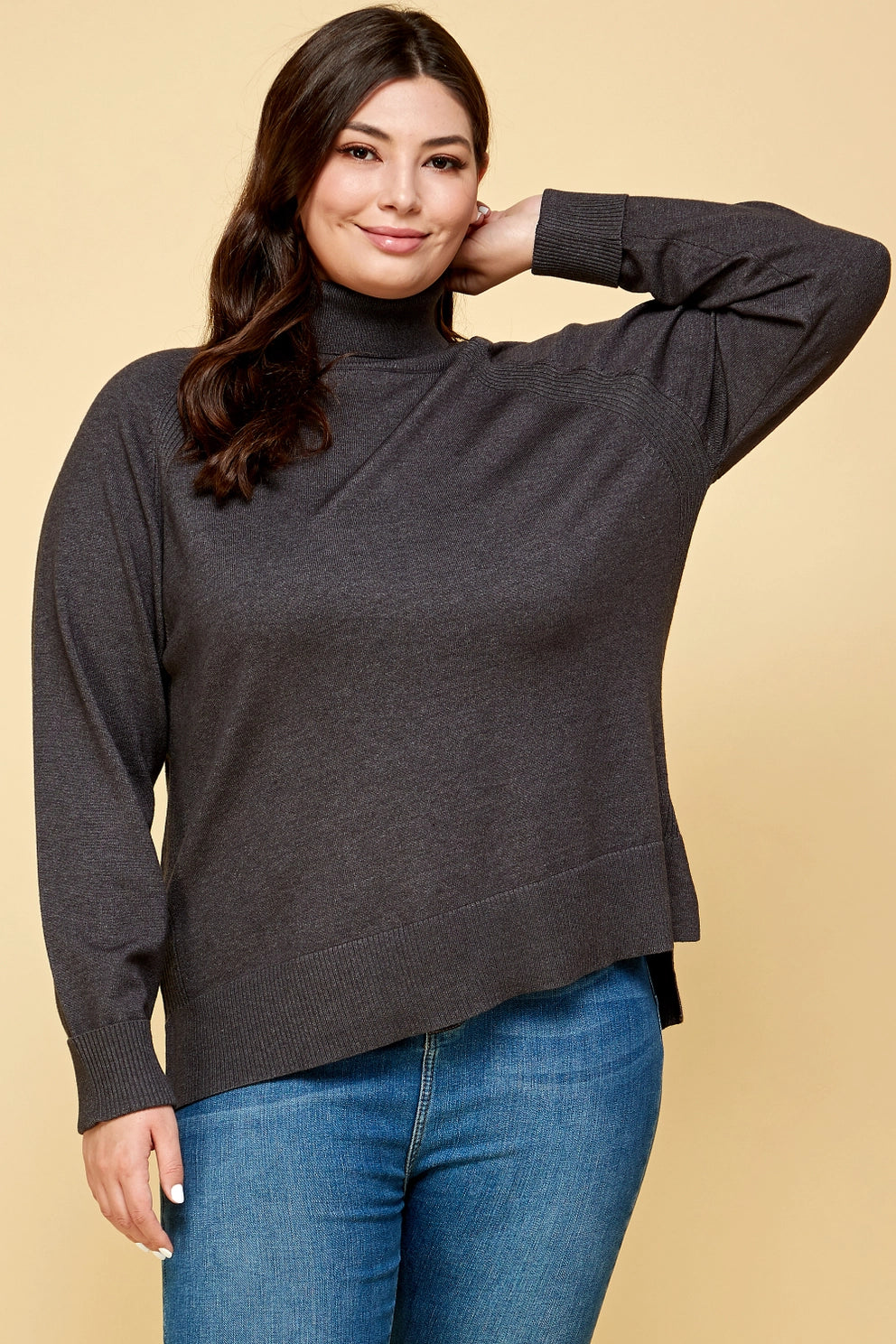 Plus Size Buttery Soft Solid Knit Two Tone Turtleneck - Charcoal