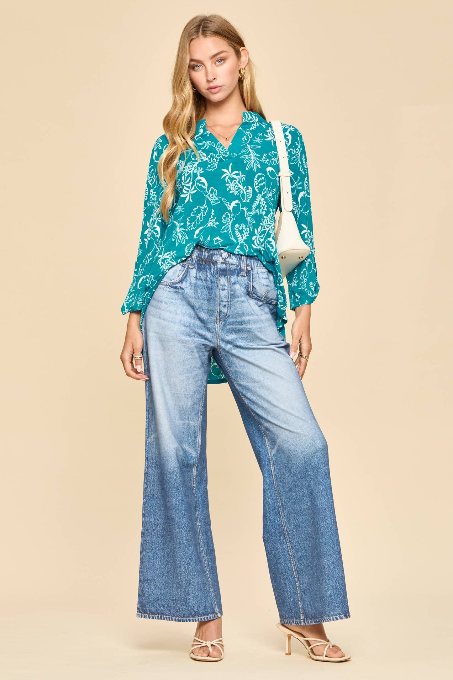 Palm Tree Mandarin Collar 3/4 Sleeve Blouse