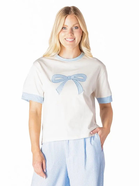 Simply Southern Blue Gingham Bow Tee