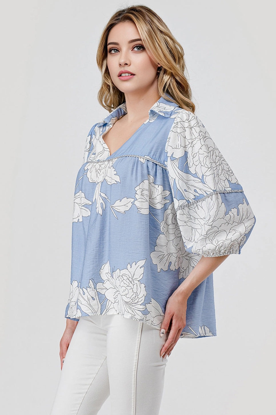 Pixi & Ivy Mellie Collared Flowy Top Blue Floral Print