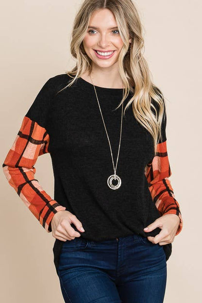 Emerald Plus Size Plaid Sleeve Top