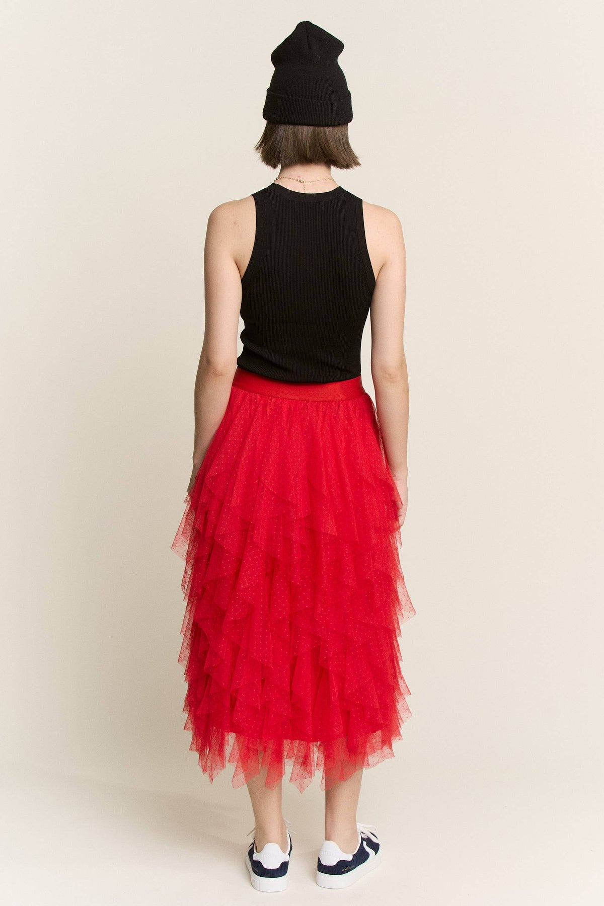 Red Layered Polka Dot Mesh Lined A-Line Midi Skirt