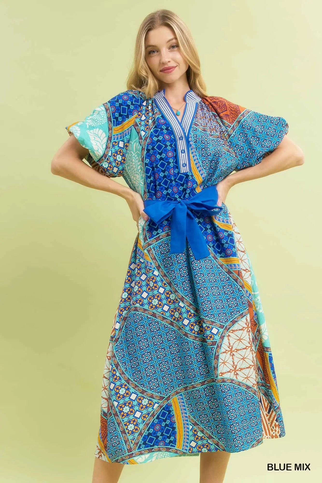 Umgee Mix Patchwork Print Midi Dress with Tie Waist - 2 Colors