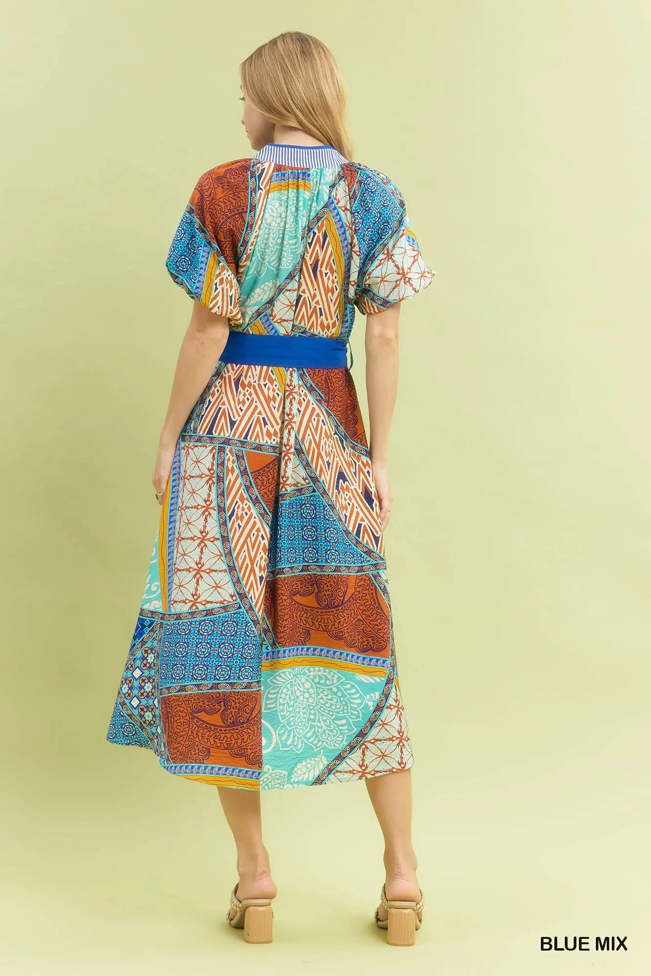 Umgee Mix Patchwork Print Midi Dress with Tie Waist - 2 Colors