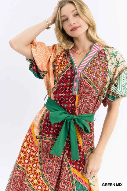 Umgee Mix Patchwork Print Midi Dress with Tie Waist - 2 Colors