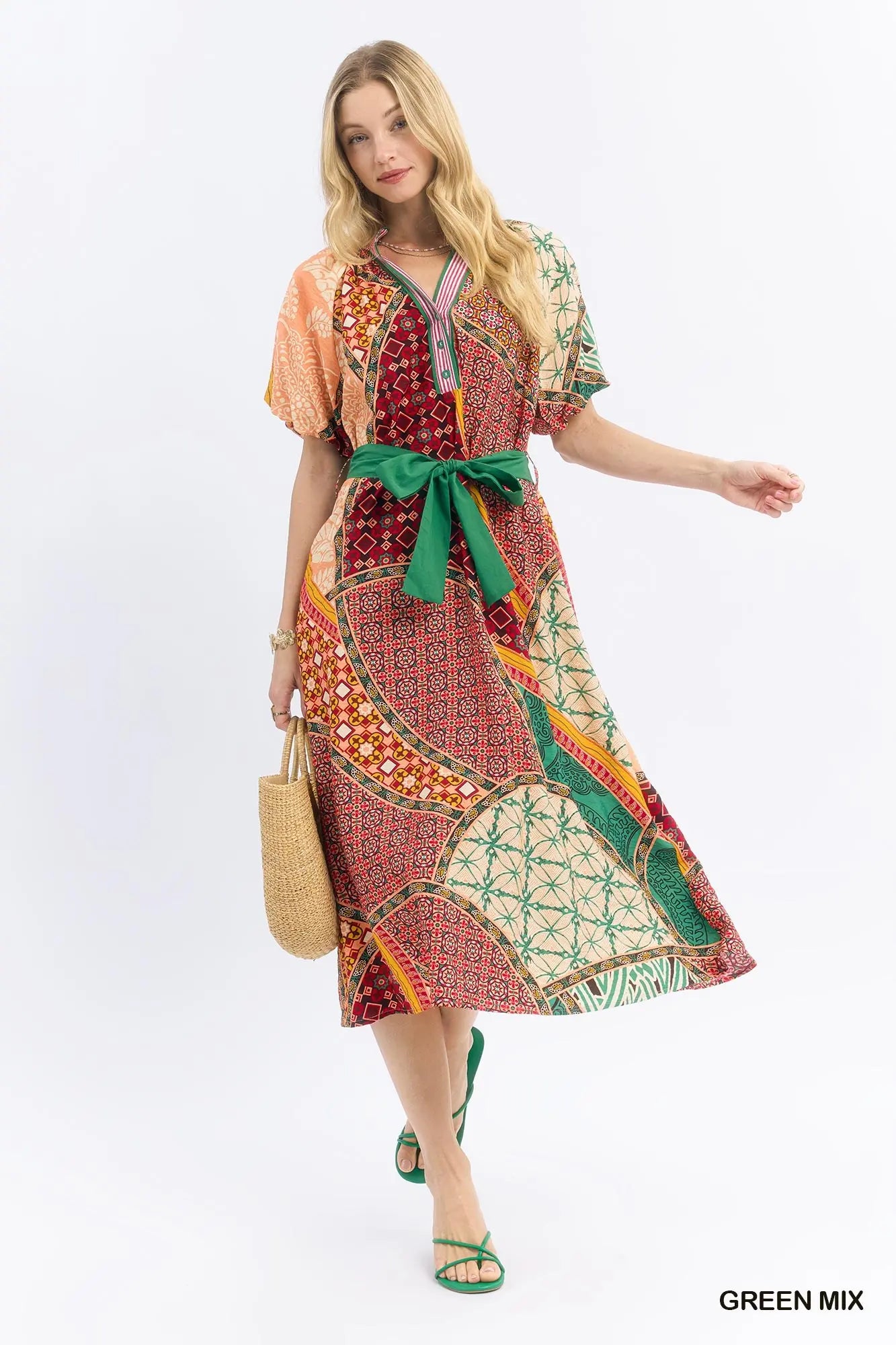 Umgee Mix Patchwork Print Midi Dress with Tie Waist - 2 Colors