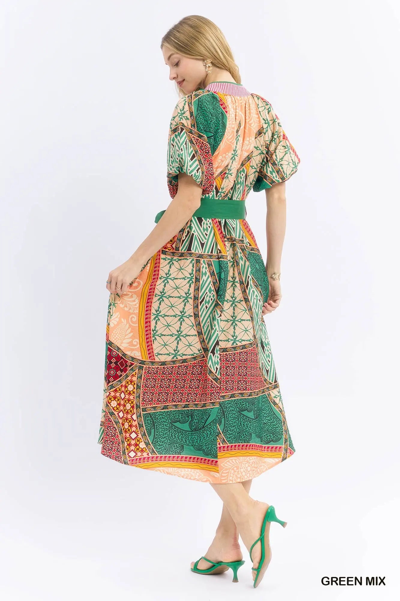 Umgee Mix Patchwork Print Midi Dress with Tie Waist - 2 Colors