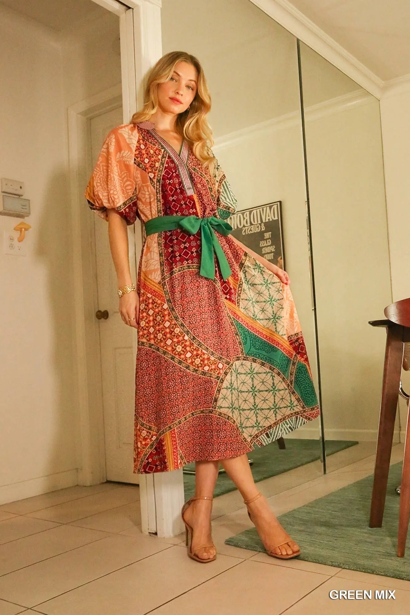 Umgee Mix Patchwork Print Midi Dress with Tie Waist - 2 Colors
