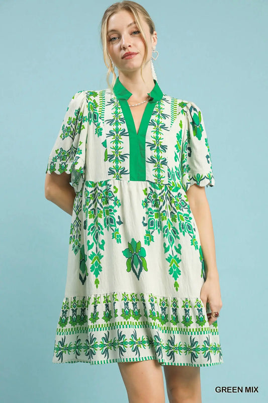 Umgee Tropical Damask Border Print Mini Dress - Green