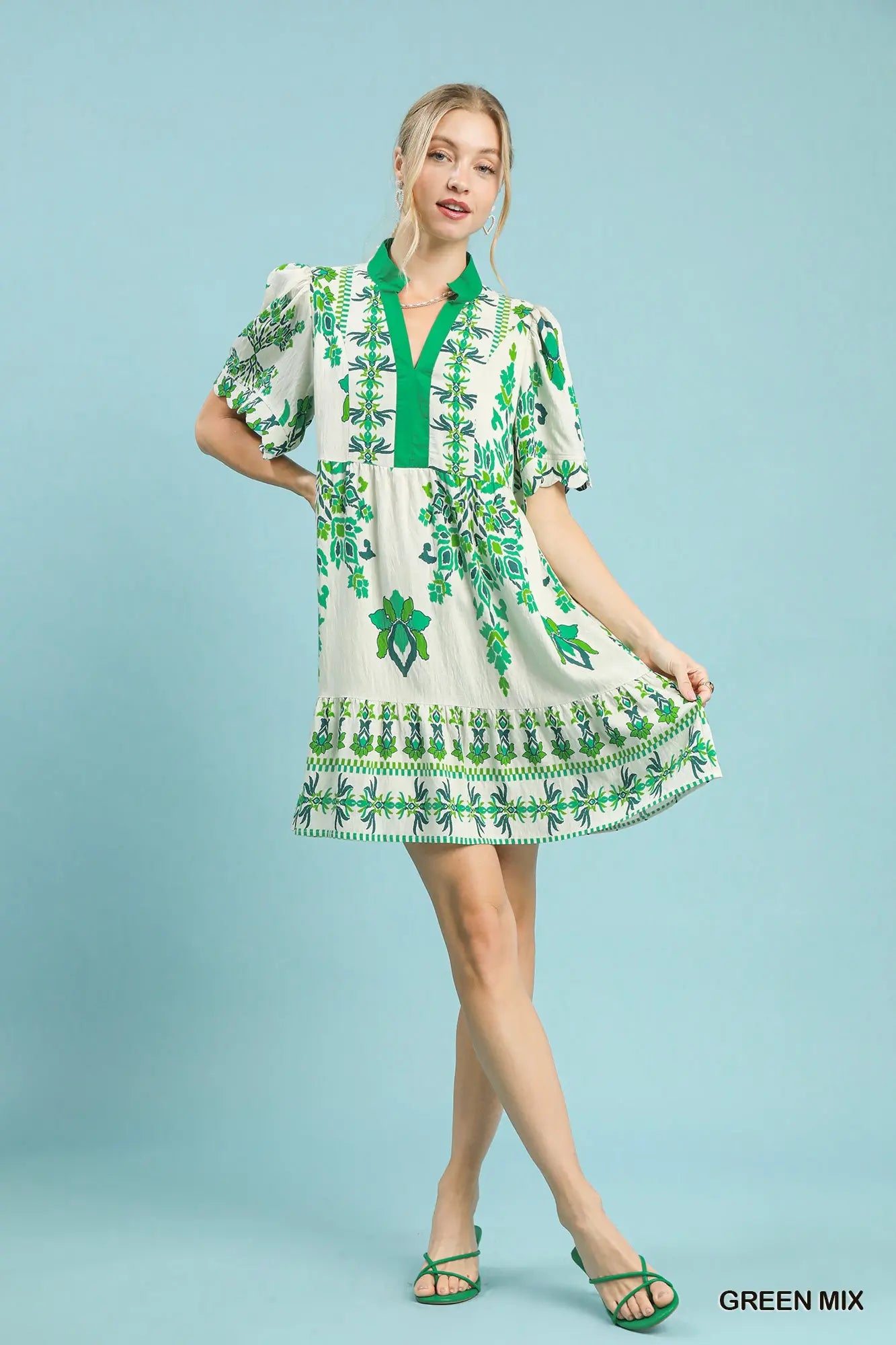 Umgee Tropical Damask Border Print Mini Dress - Green