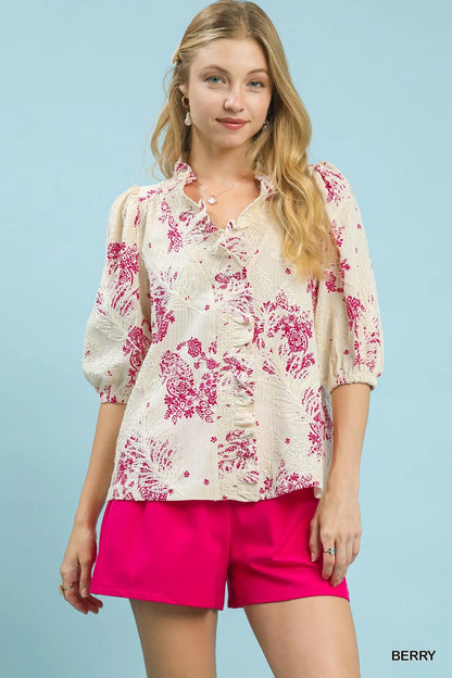 Umgee Floral Embroidered Blouse with Ruffle Trim - S-2X