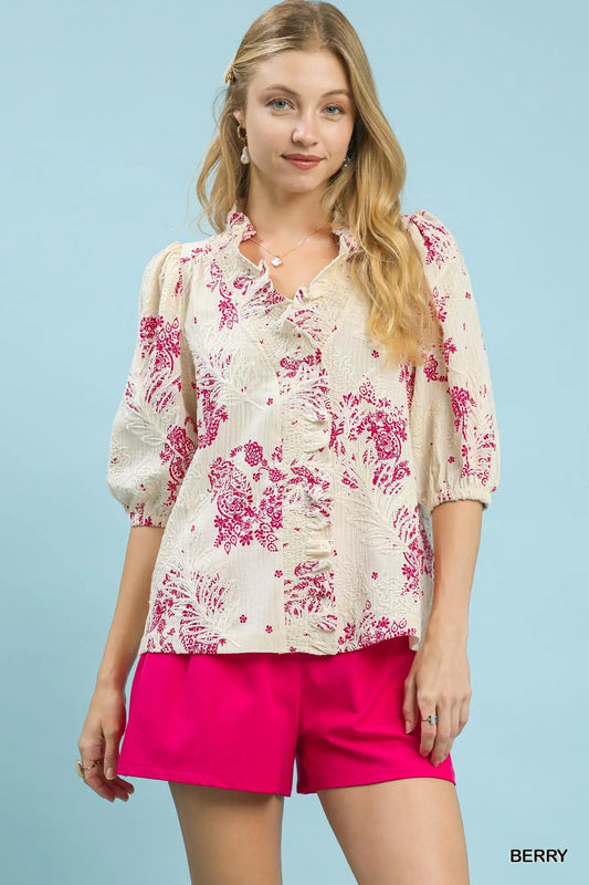 Umgee Floral Embroidered Blouse with Ruffle Trim - S-2X