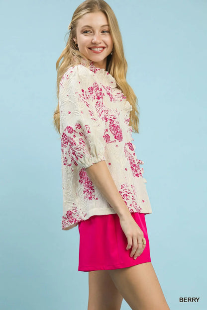 Umgee Floral Embroidered Blouse with Ruffle Trim - S-2X