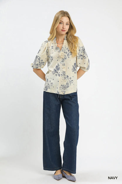 Umgee Floral Embroidered Blouse with Ruffle Trim - S-2X