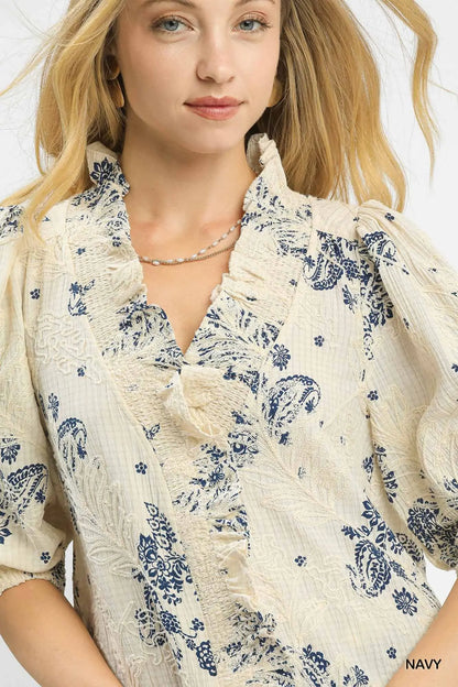Umgee Floral Embroidered Blouse with Ruffle Trim - S-2X
