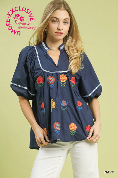 Umgee Navy Embroidered Floral Puff Sleeve Top