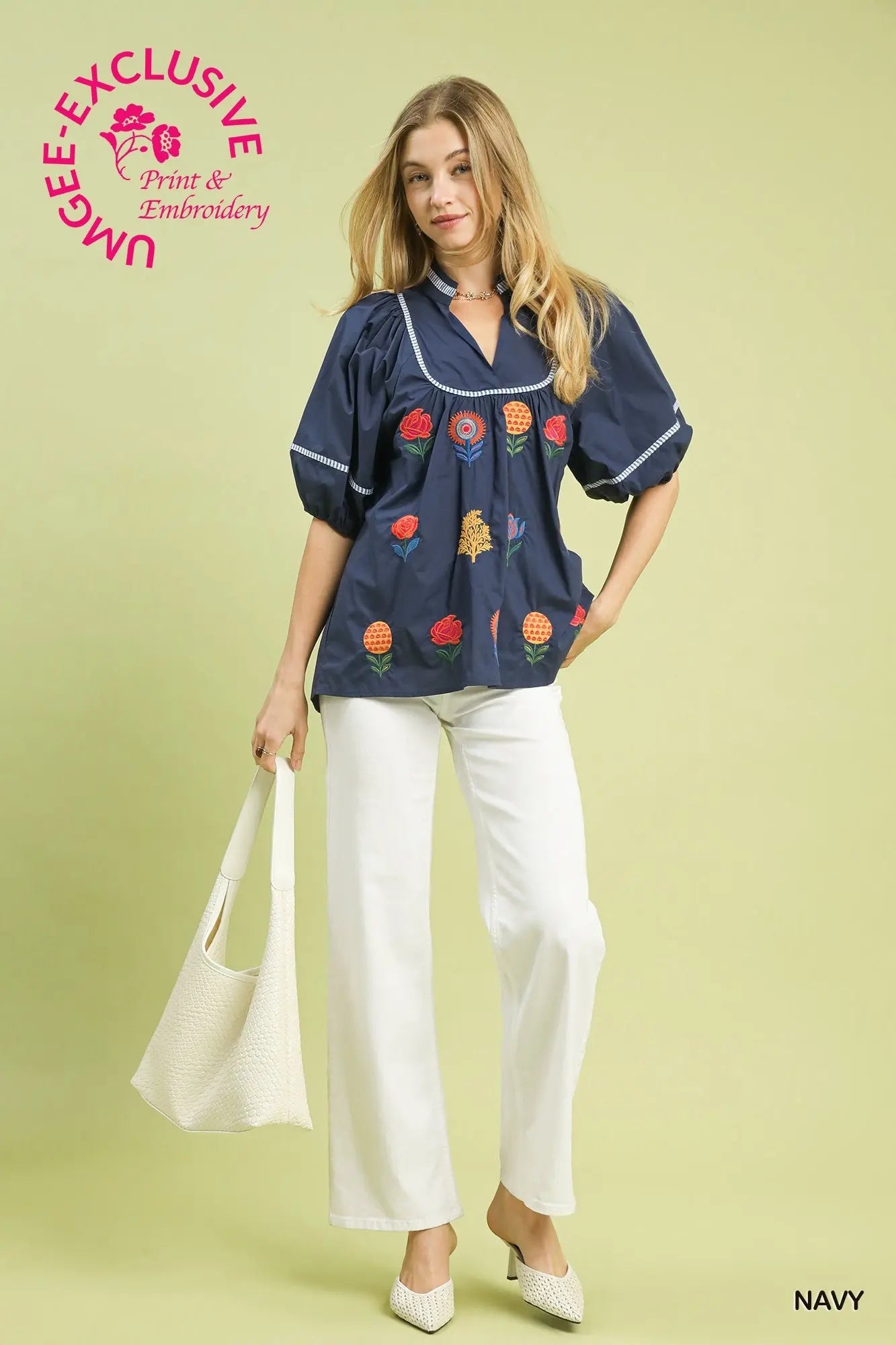Umgee Navy Embroidered Floral Puff Sleeve Top