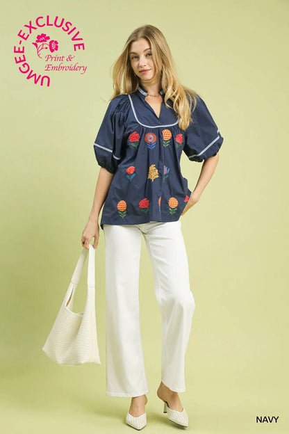 Umgee Navy Embroidered Floral Puff Sleeve Top