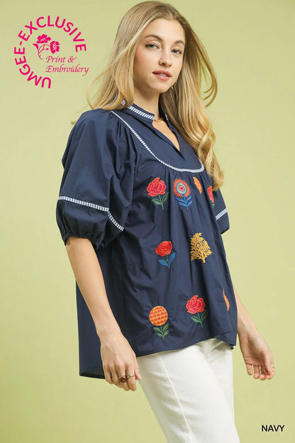 Umgee Navy Embroidered Floral Puff Sleeve Top