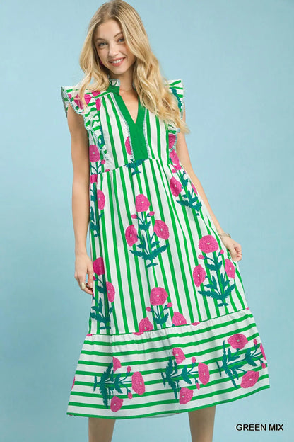 Umgee • Mix Striped Floral Midi Dress