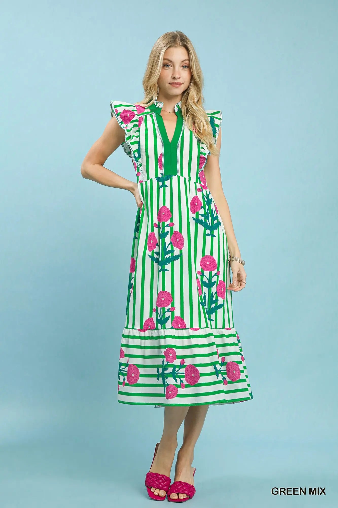 Umgee • Mix Striped Floral Midi Dress