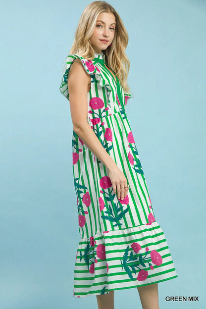 Umgee • Mix Striped Floral Midi Dress