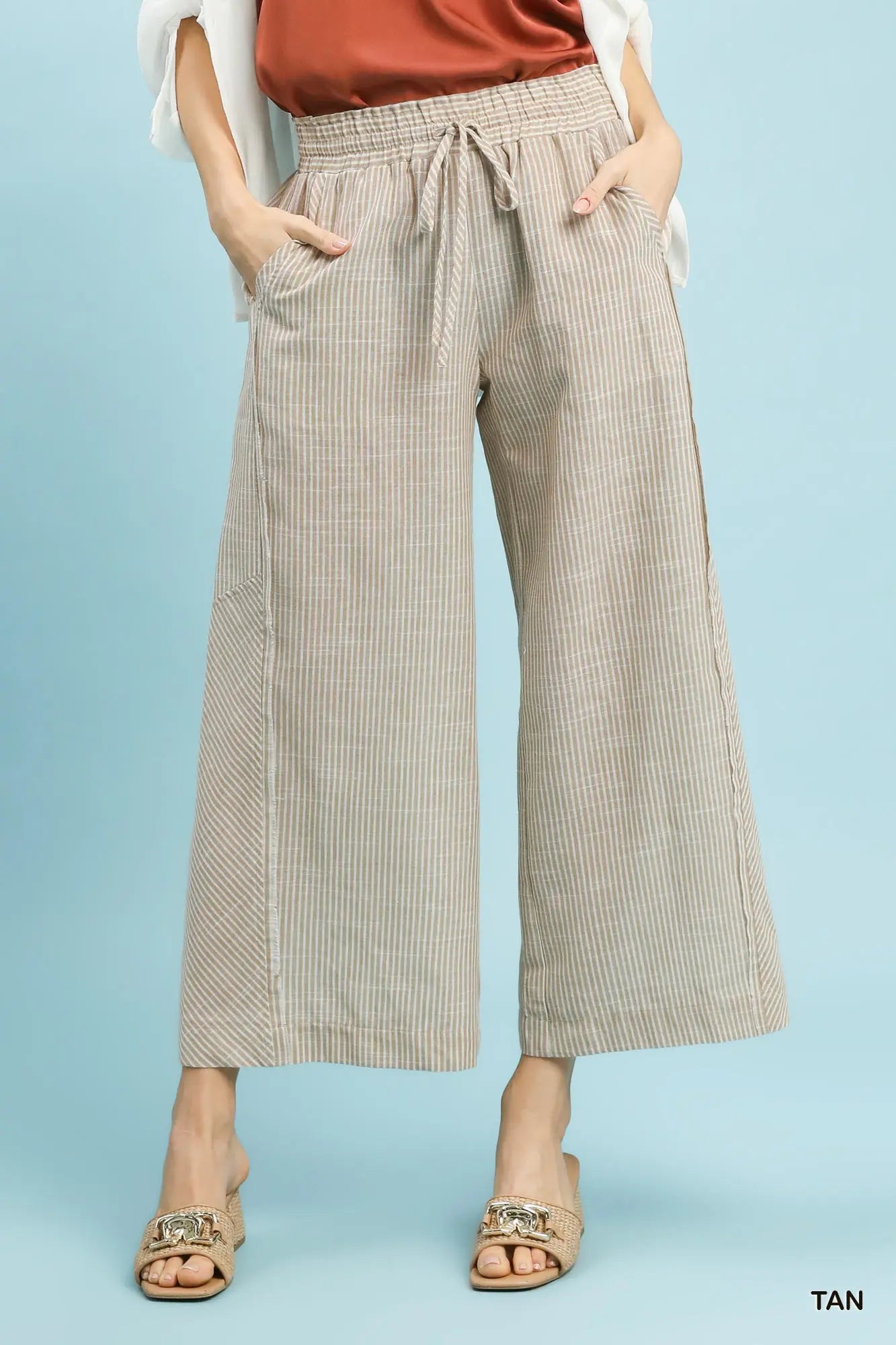 Umgee Tan Striped Linen Blend Wide Leg Pants