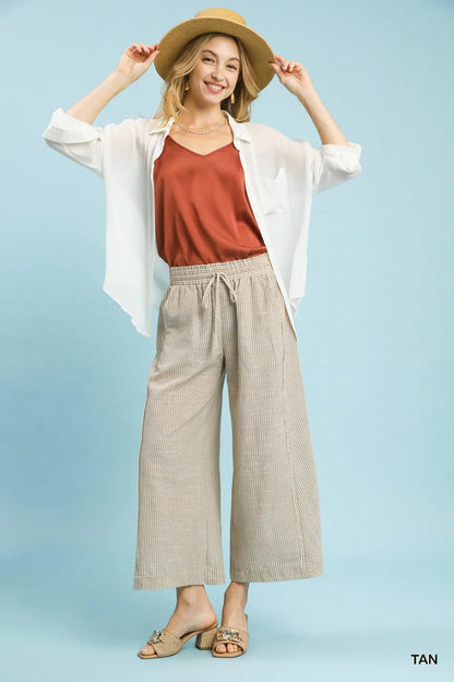 Umgee Tan Striped Linen Blend Wide Leg Pants