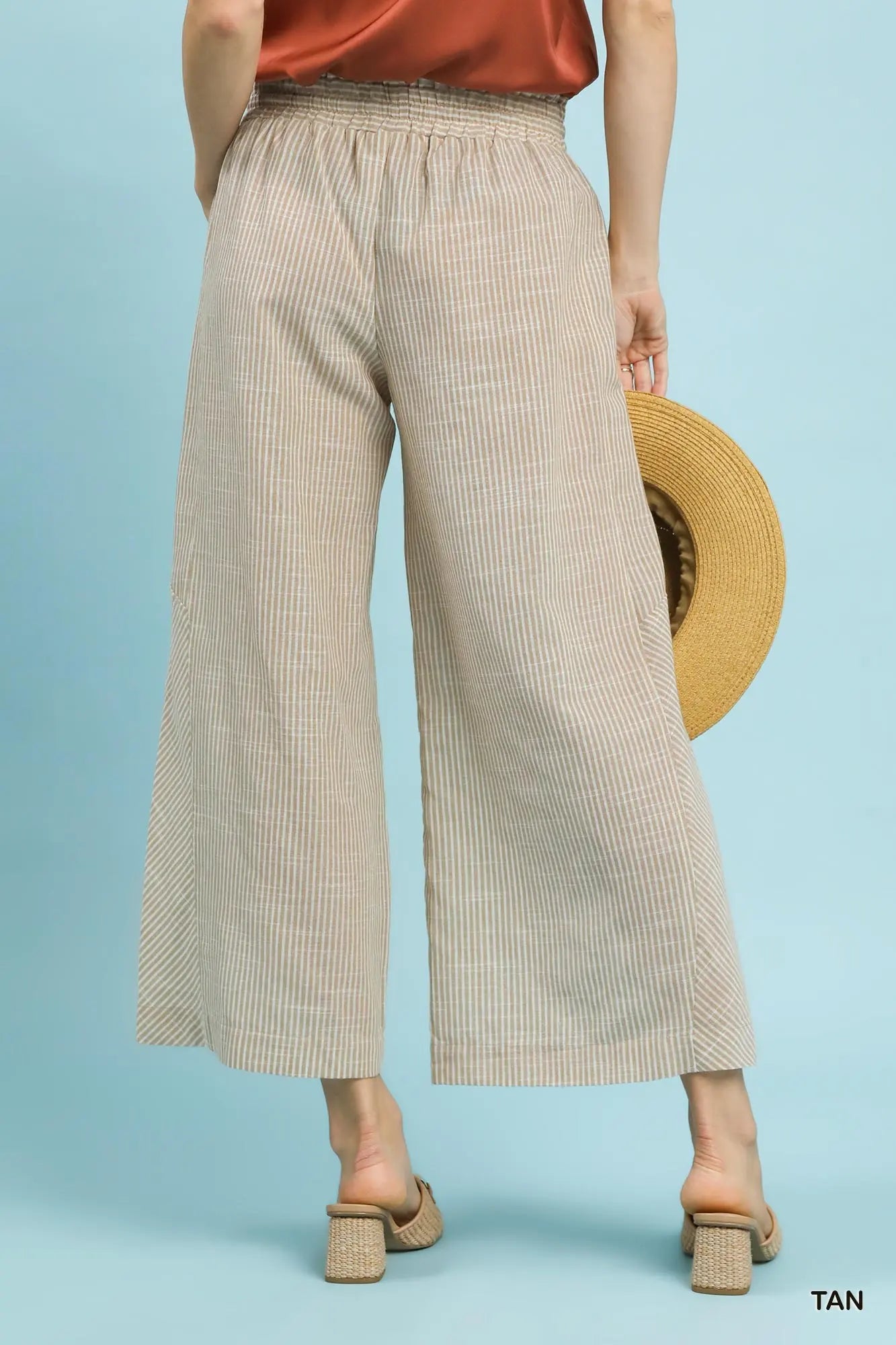 Umgee Tan Striped Linen Blend Wide Leg Pants