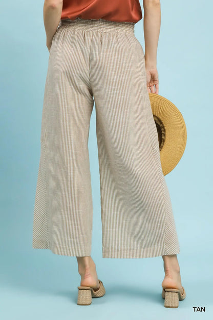 Umgee Tan Striped Linen Blend Wide Leg Pants