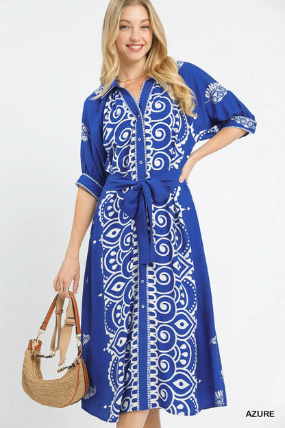 Umgee Two Tone Paisley Border Print Maxi Dress - Azure or Latte