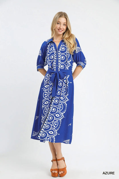 Umgee Two Tone Paisley Border Print Maxi Dress - Azure or Latte