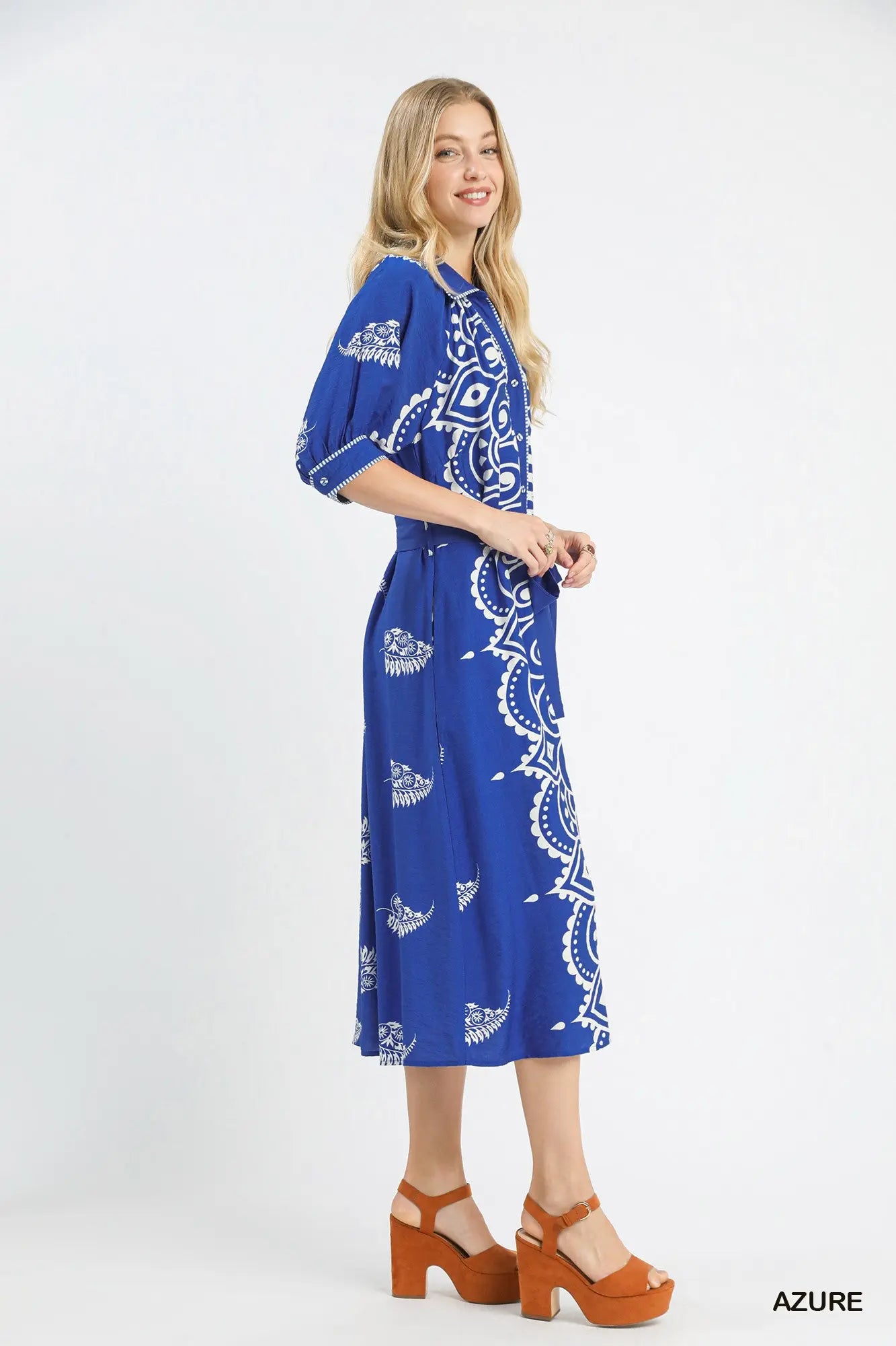 Umgee Two Tone Paisley Border Print Maxi Dress - Azure or Latte