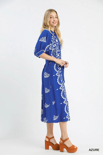 Umgee Two Tone Paisley Border Print Maxi Dress - Azure or Latte