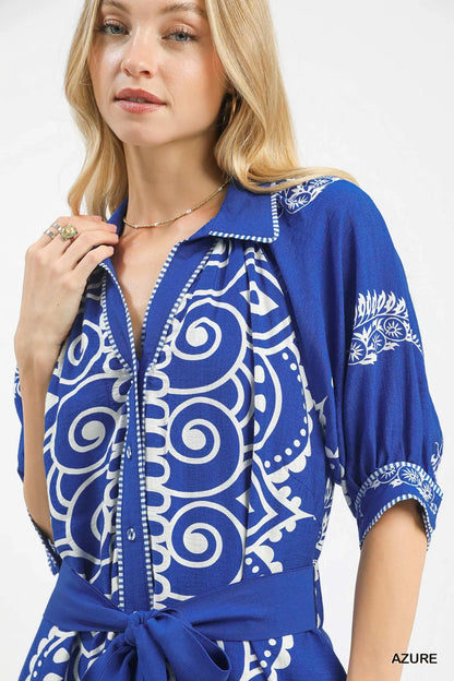 Umgee Two Tone Paisley Border Print Maxi Dress - Azure or Latte