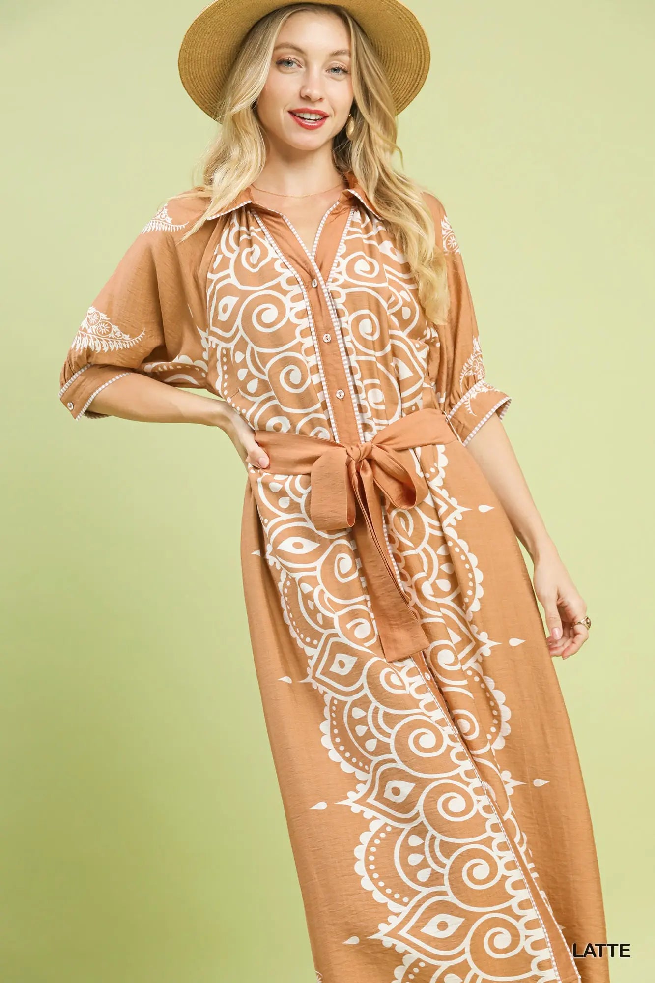 Umgee Two Tone Paisley Border Print Maxi Dress - Azure or Latte