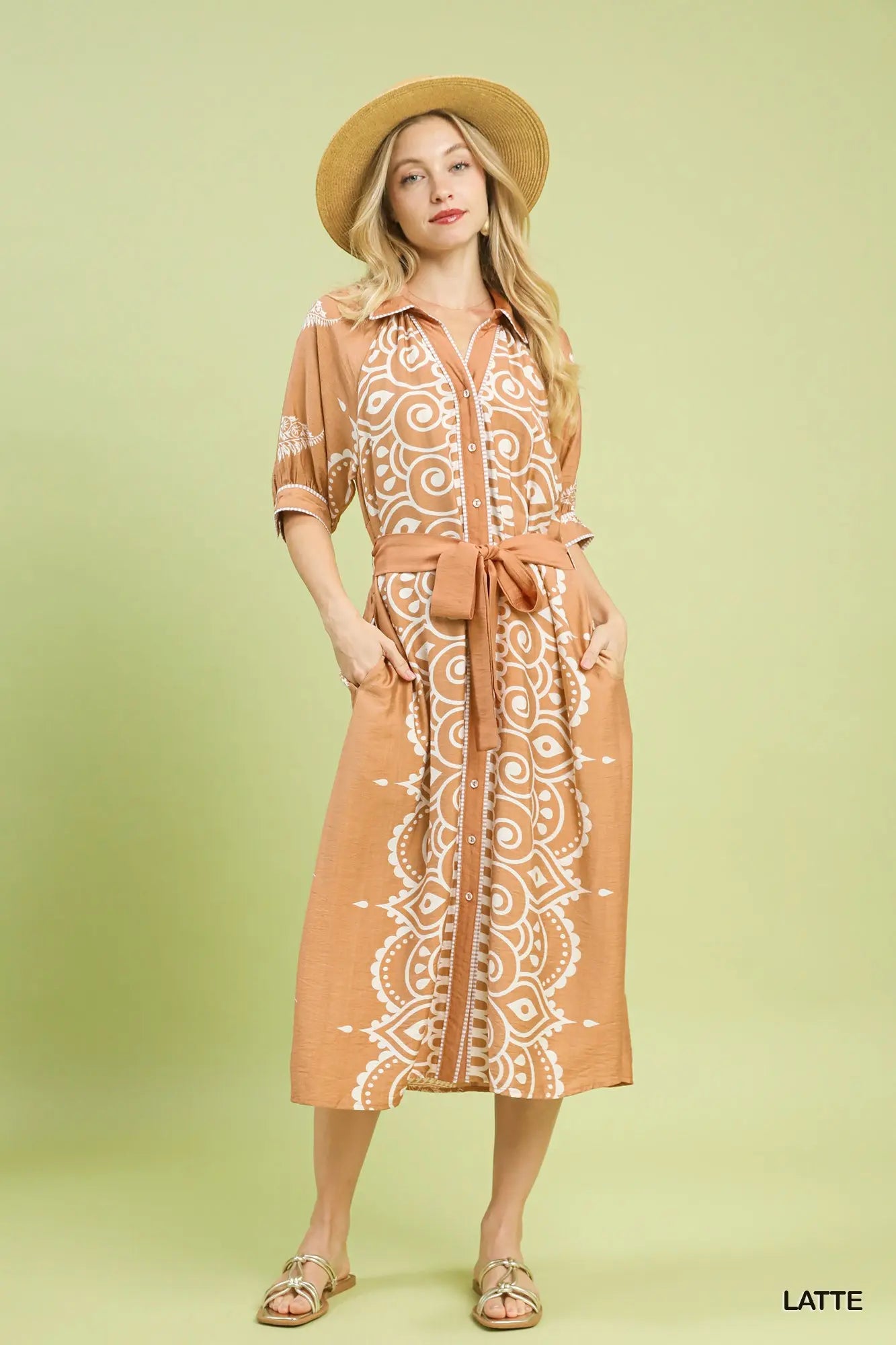 Umgee Two Tone Paisley Border Print Maxi Dress - Azure or Latte