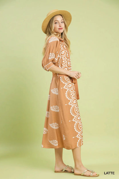 Umgee Two Tone Paisley Border Print Maxi Dress - Azure or Latte