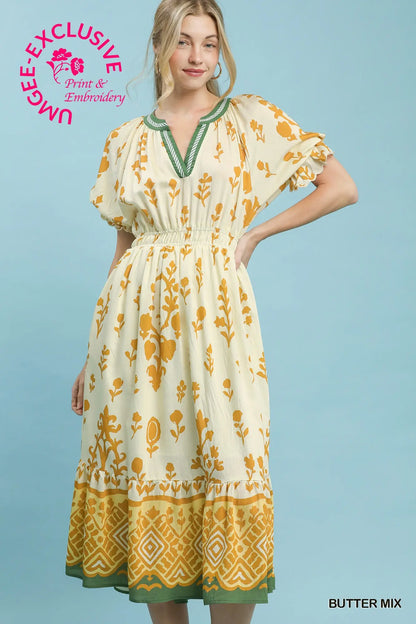 Umgee  Print Smocked Waist Midi Dress - Butter Mix