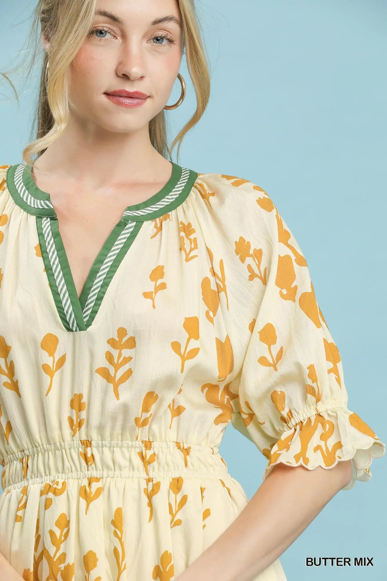 Umgee  Print Smocked Waist Midi Dress - Butter Mix
