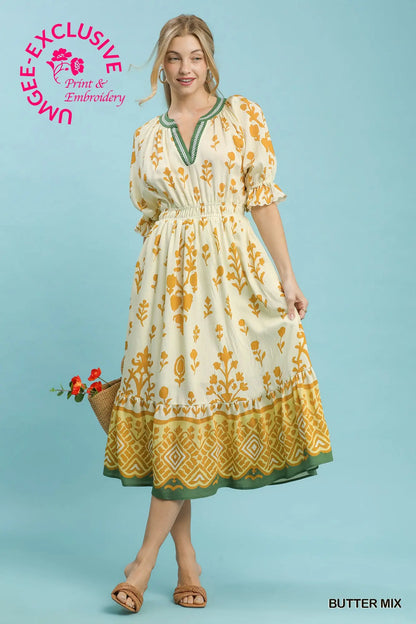 Umgee  Print Smocked Waist Midi Dress - Butter Mix