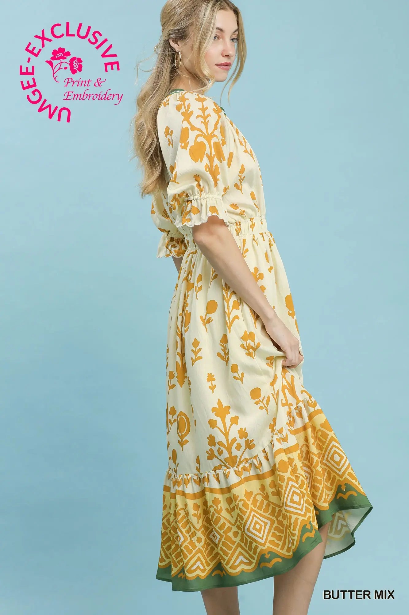 Umgee  Print Smocked Waist Midi Dress - Butter Mix