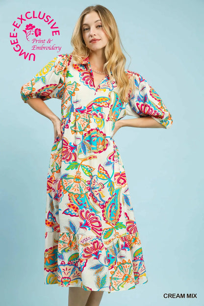 Umgee Cream Paisley Print Midi Dress