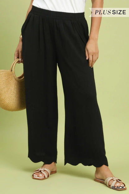 Umgee Linen Blend Scallop Hem Wide Leg Pants
